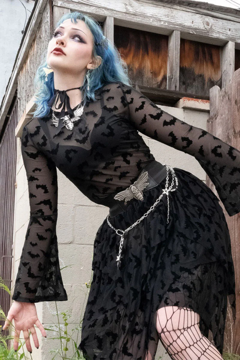 Bat Repeat Mesh Bell Sleeve Top - Image 5