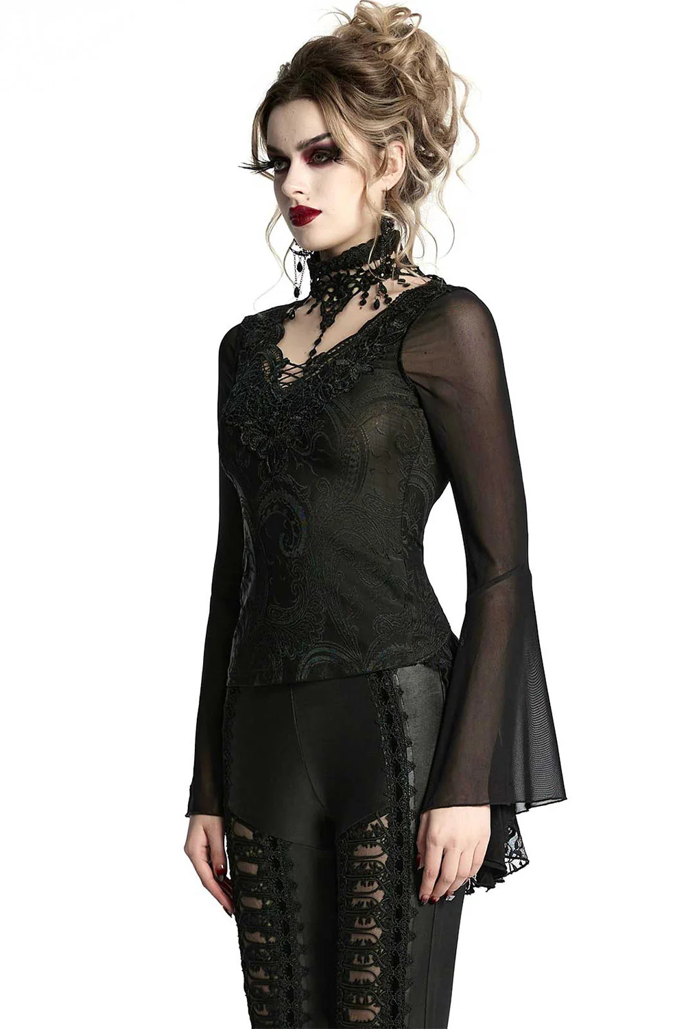 Bathory Damask Mesh Lace-Up Top - Image 7