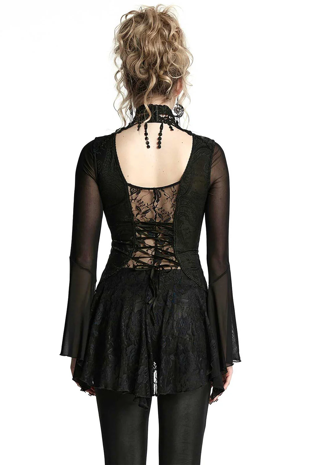 Bathory Damask Mesh Lace-Up Top - Image 8