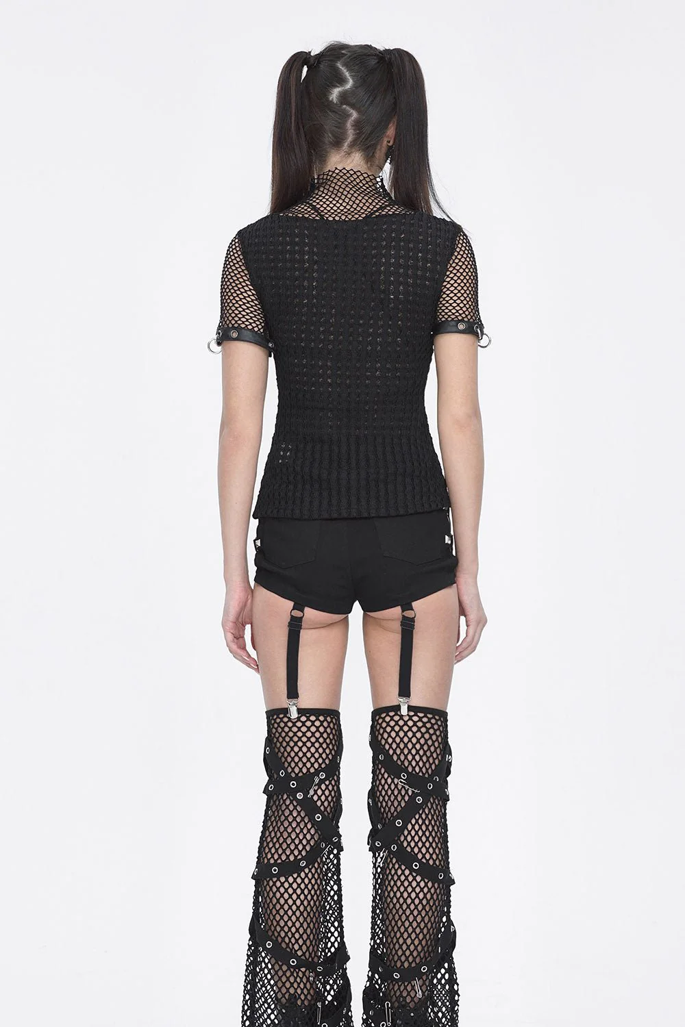 Black Metal Pierced Fishnet Top - Image 6