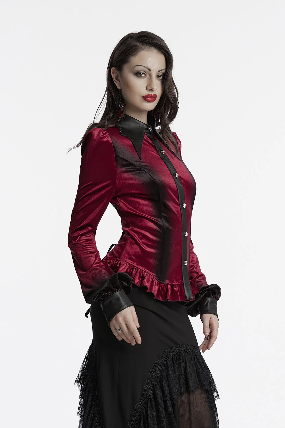 Blooddrop Velvet Batwing Collar Top [Red] - Image 2