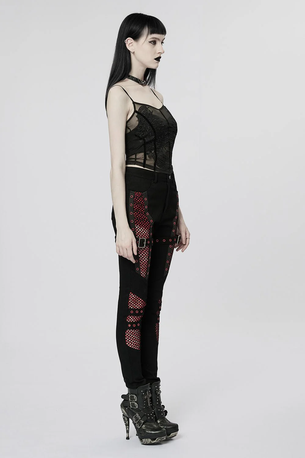 Bloodline Fishnet Skinny Jeans [BLACK/RED] - Image 5