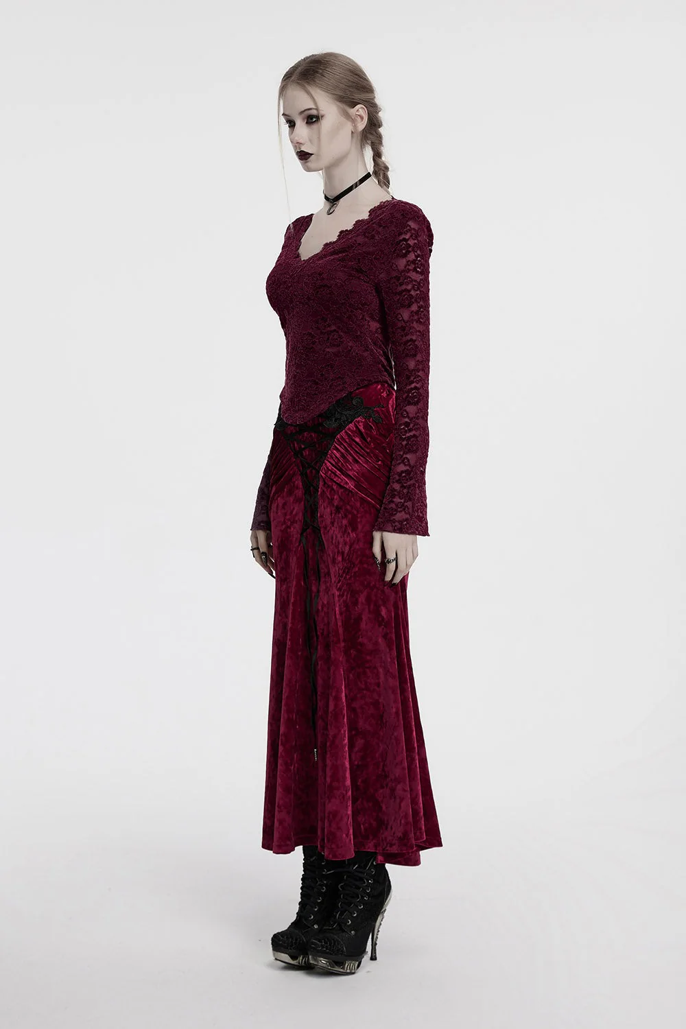 Cabernet Sauvignon Velvet Skirt [Wine Red] - Image 6