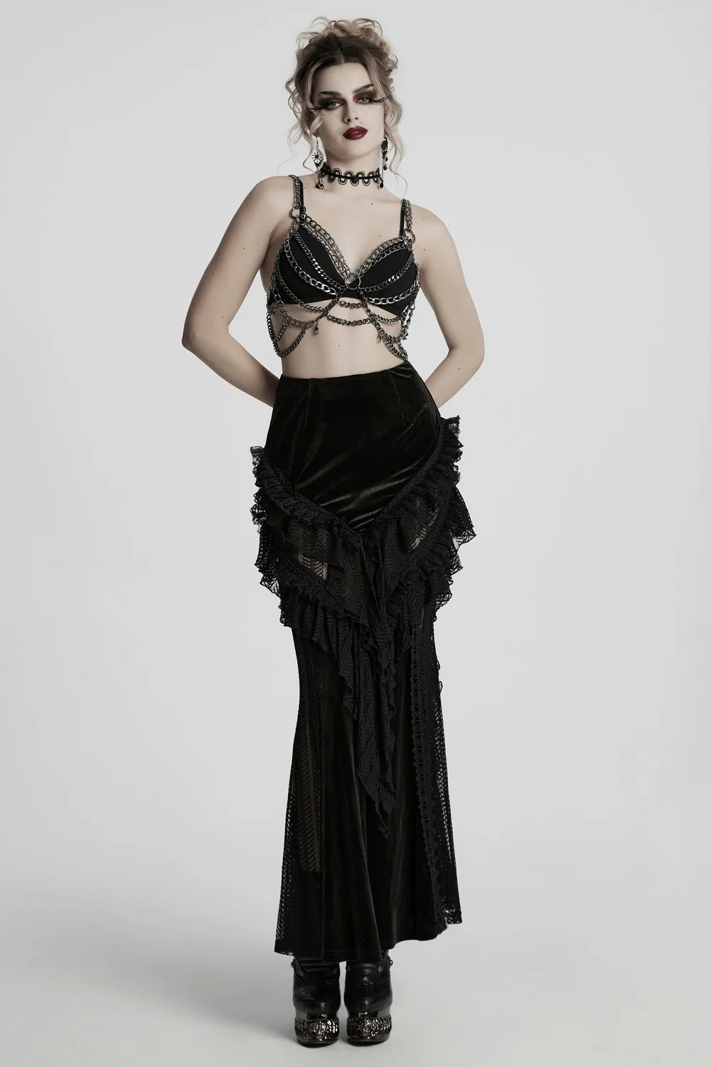 Calypso Ruffled Velvet Mermaid Maxi Skirt - Image 2