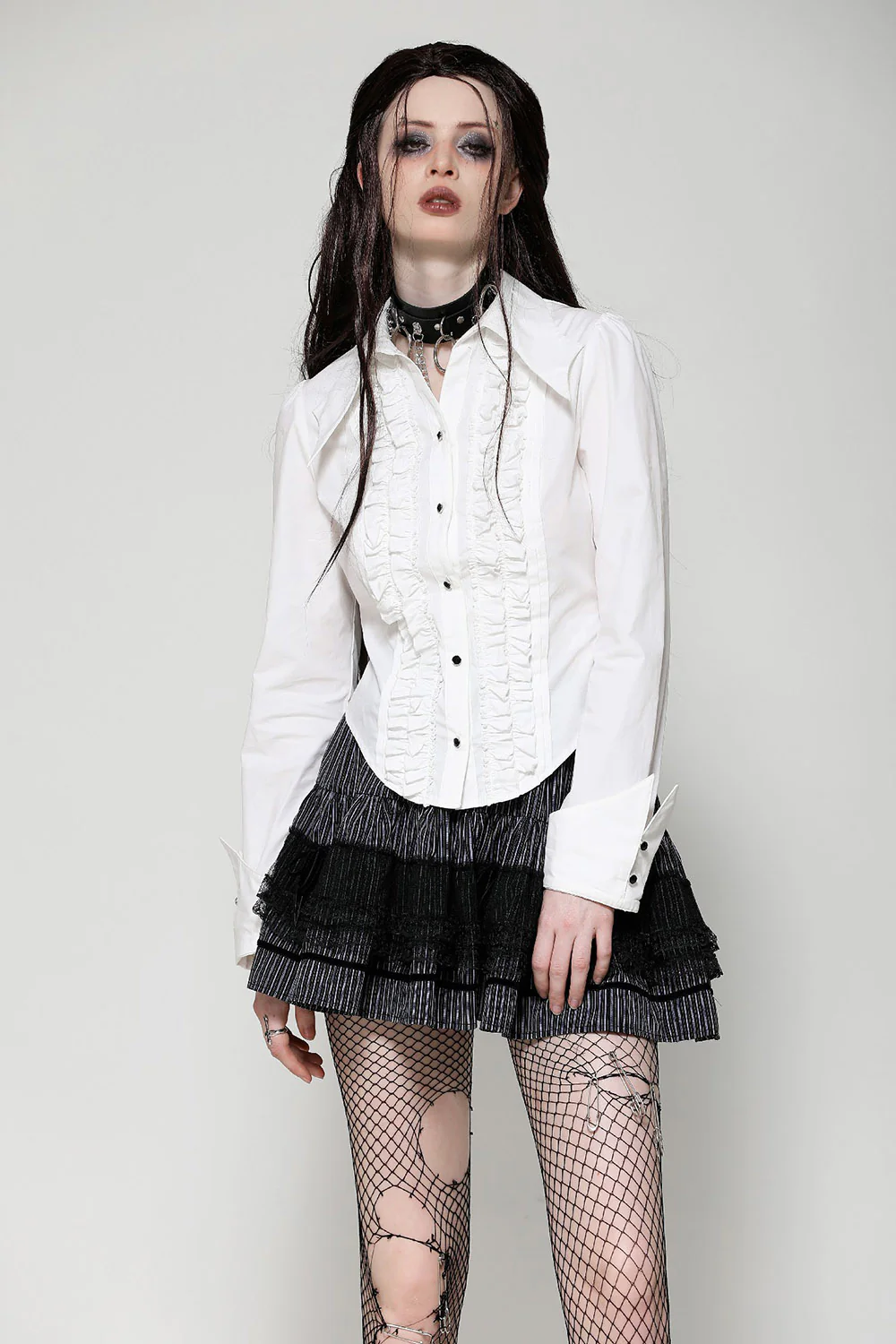 Candelabra Ruffle Button Up Shirt [Ghost White] - Image 4