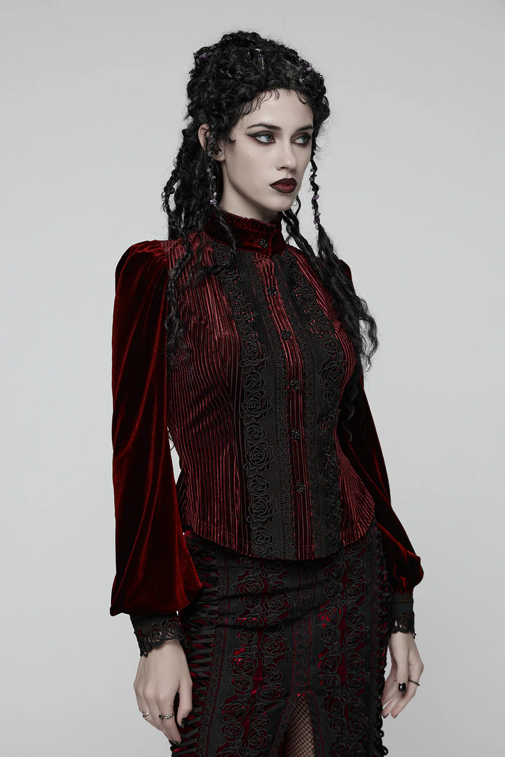 Crimson Bloom Embroidered Button-Up Top [Red]