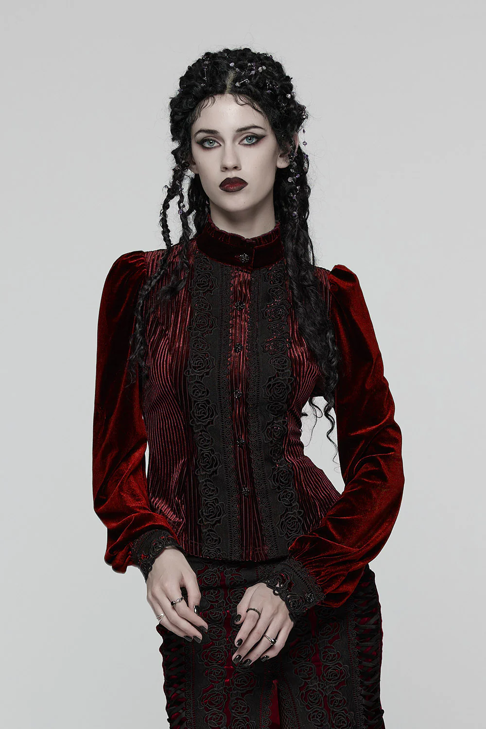 Crimson Bloom Embroidered Button-Up Top [Red] - Image 5