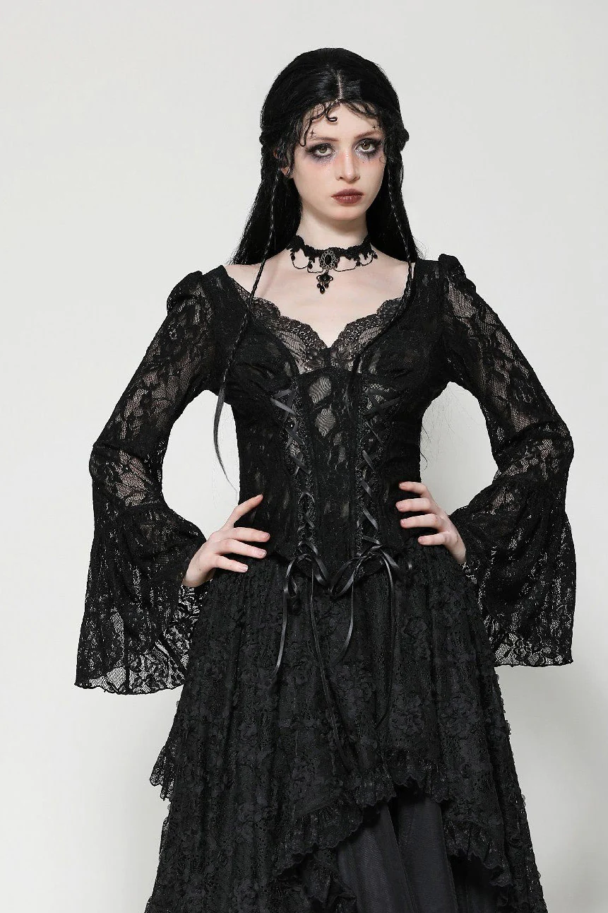 Dark Palace Flared Sleeve Lace-Up Top - Image 2