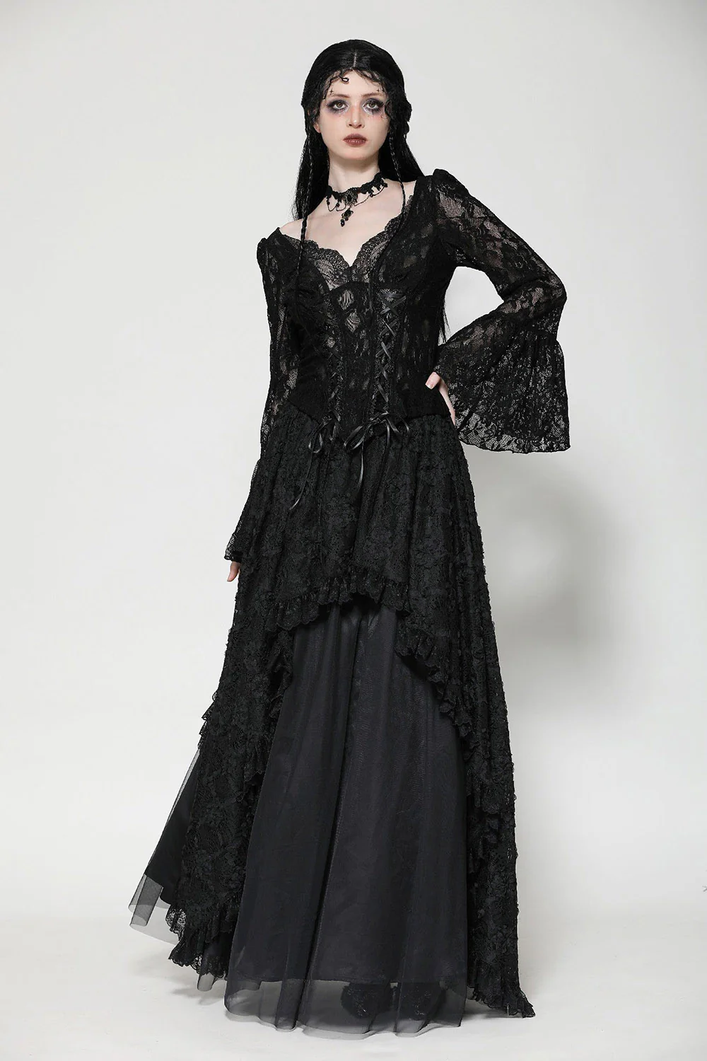 Dark Palace Flared Sleeve Lace-Up Top - Image 5