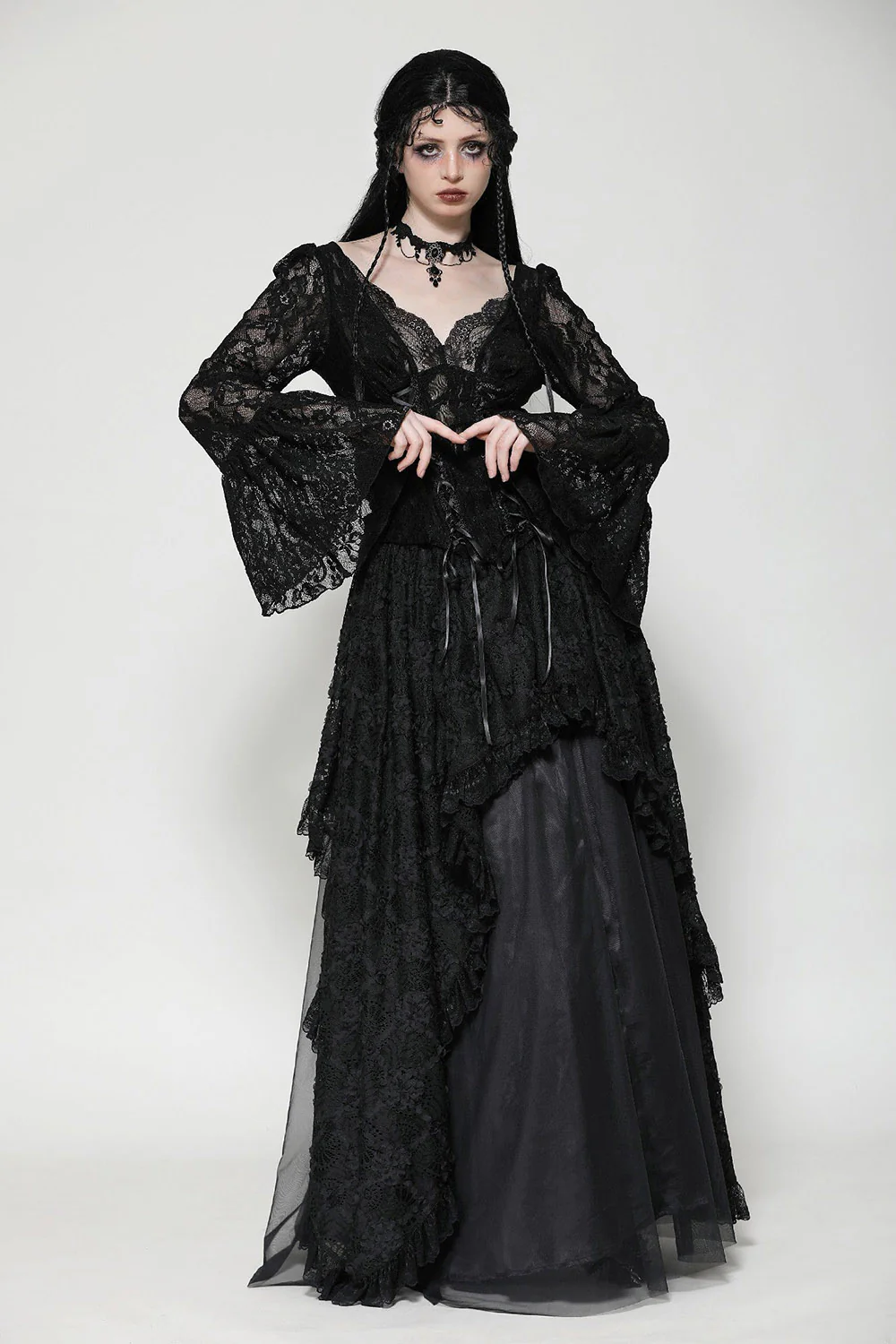 Dark Palace Flared Sleeve Lace-Up Top - Image 6