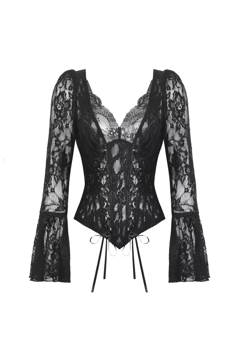 Dark Palace Flared Sleeve Lace-Up Top - Image 8