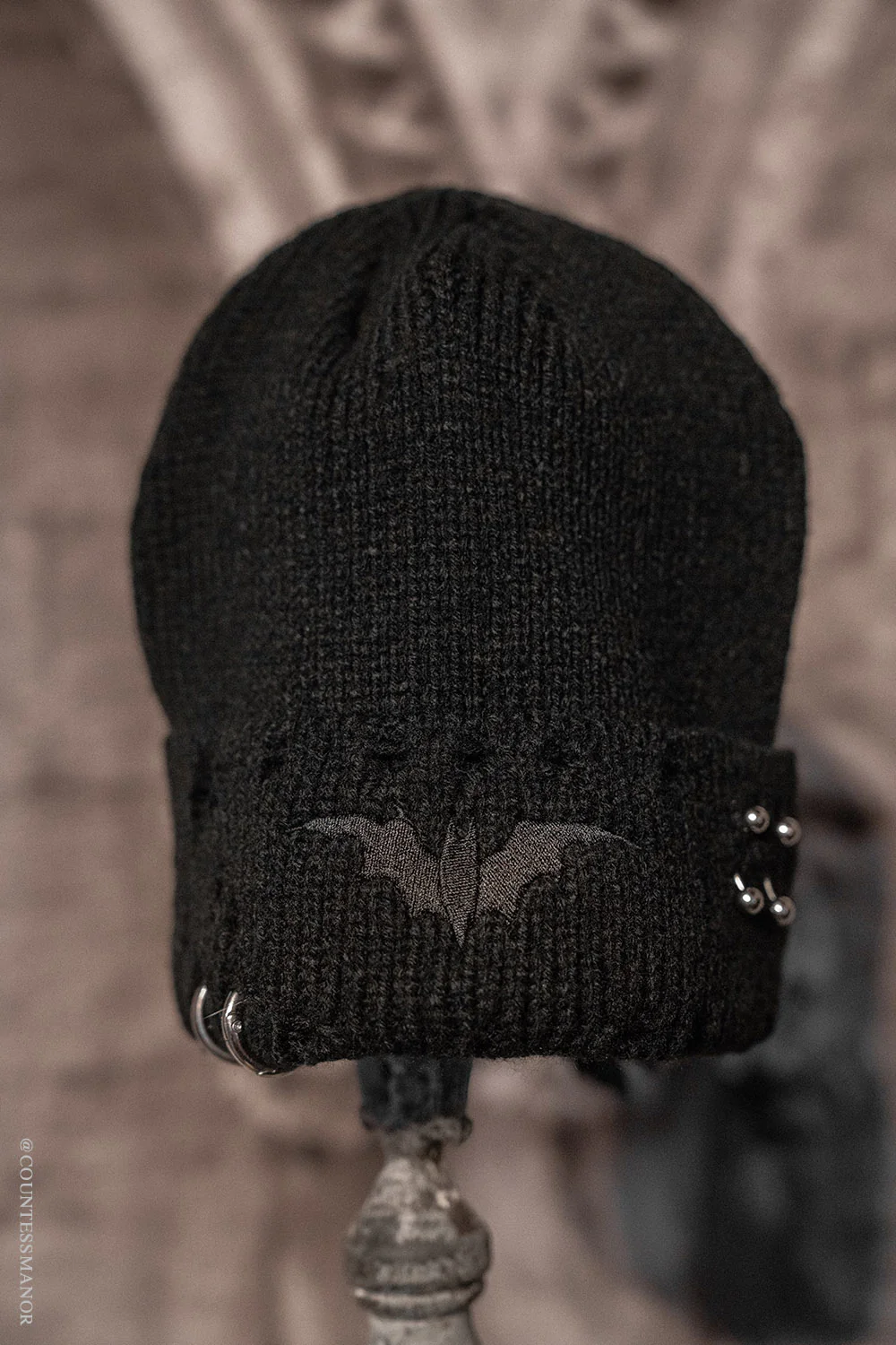 Distressed Pierced Beanie [Black Bat] - Image 3