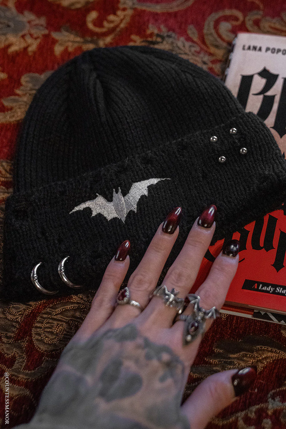 Distressed Pierced Beanie [White Bat] - Image 2
