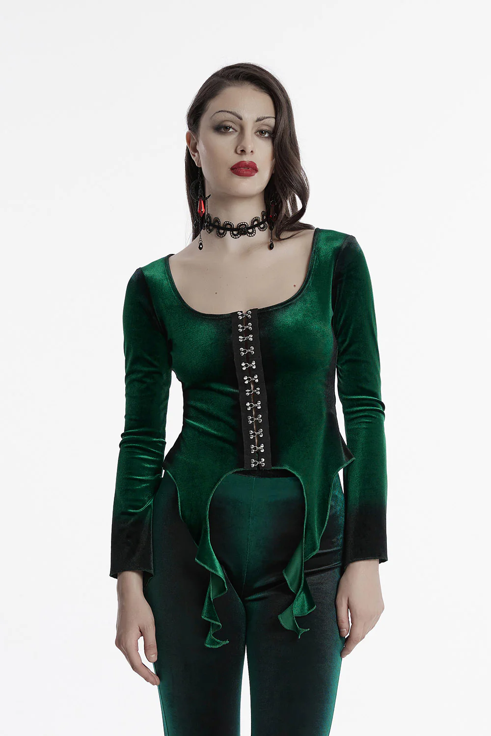 Emerald Throne Velvet Flared Sleeve Top [Green] - Image 3