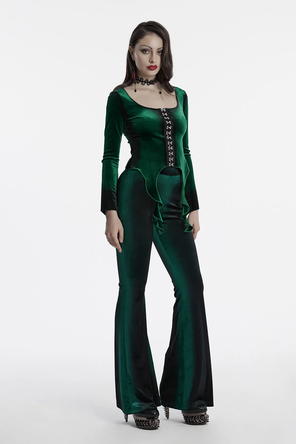 Emerald Throne Velvet Flared Sleeve Top [Green] - Image 4