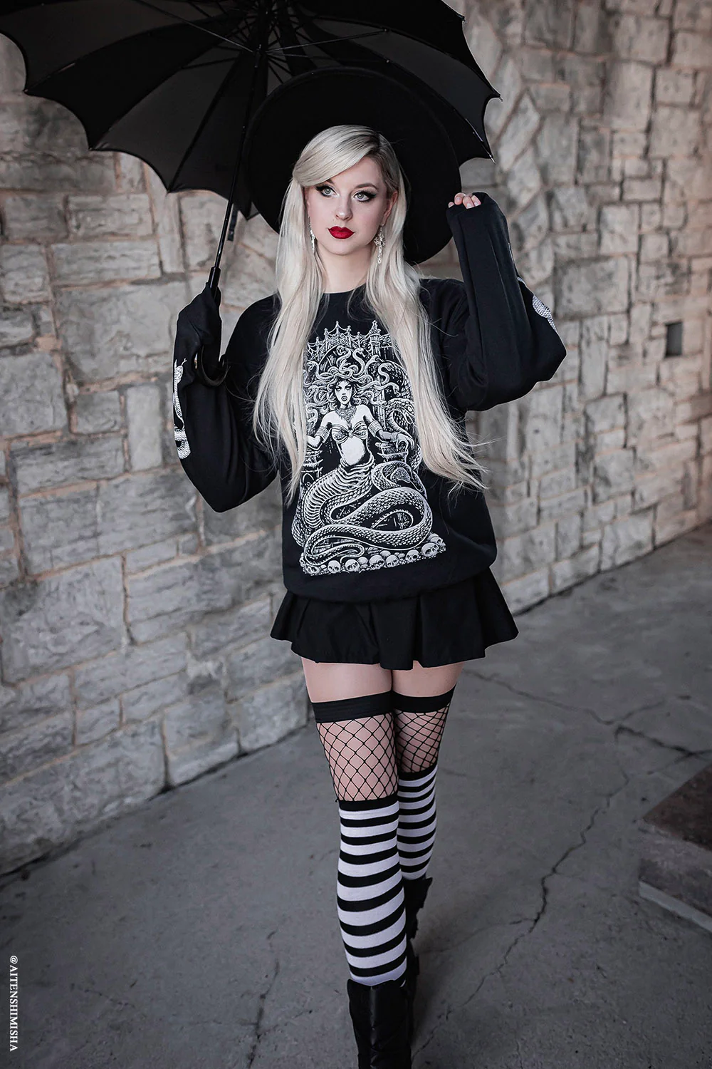 Fishnet Garter Thigh High Socks [Black/White] - Image 8