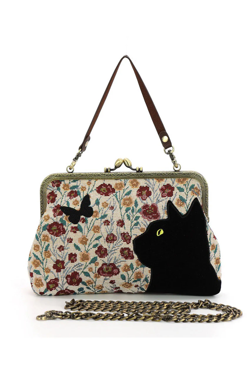 Floral Black Cat Kisslock Bag
