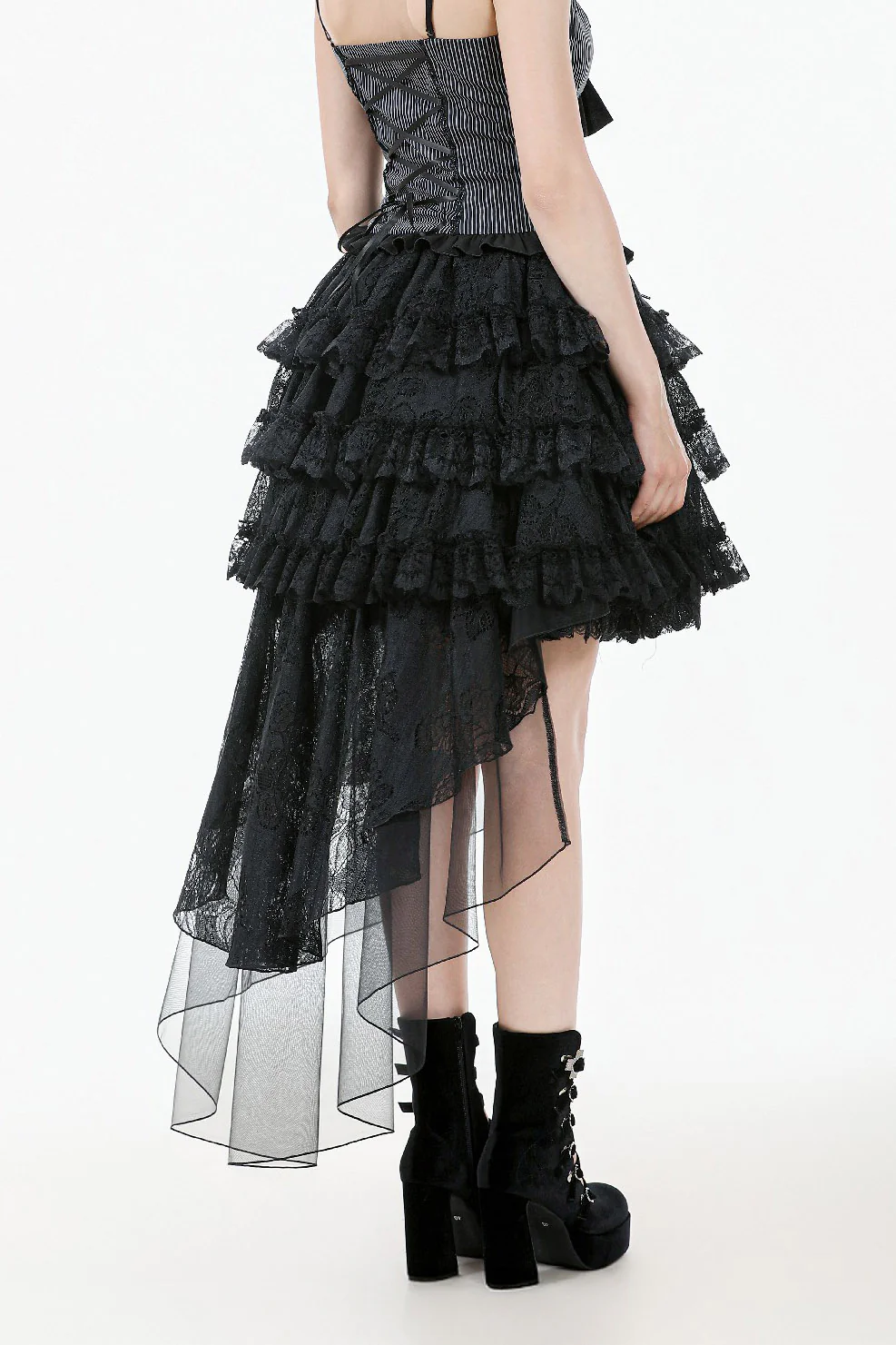 Goth Cake Layered Ruffle Skirt with Mesh Train