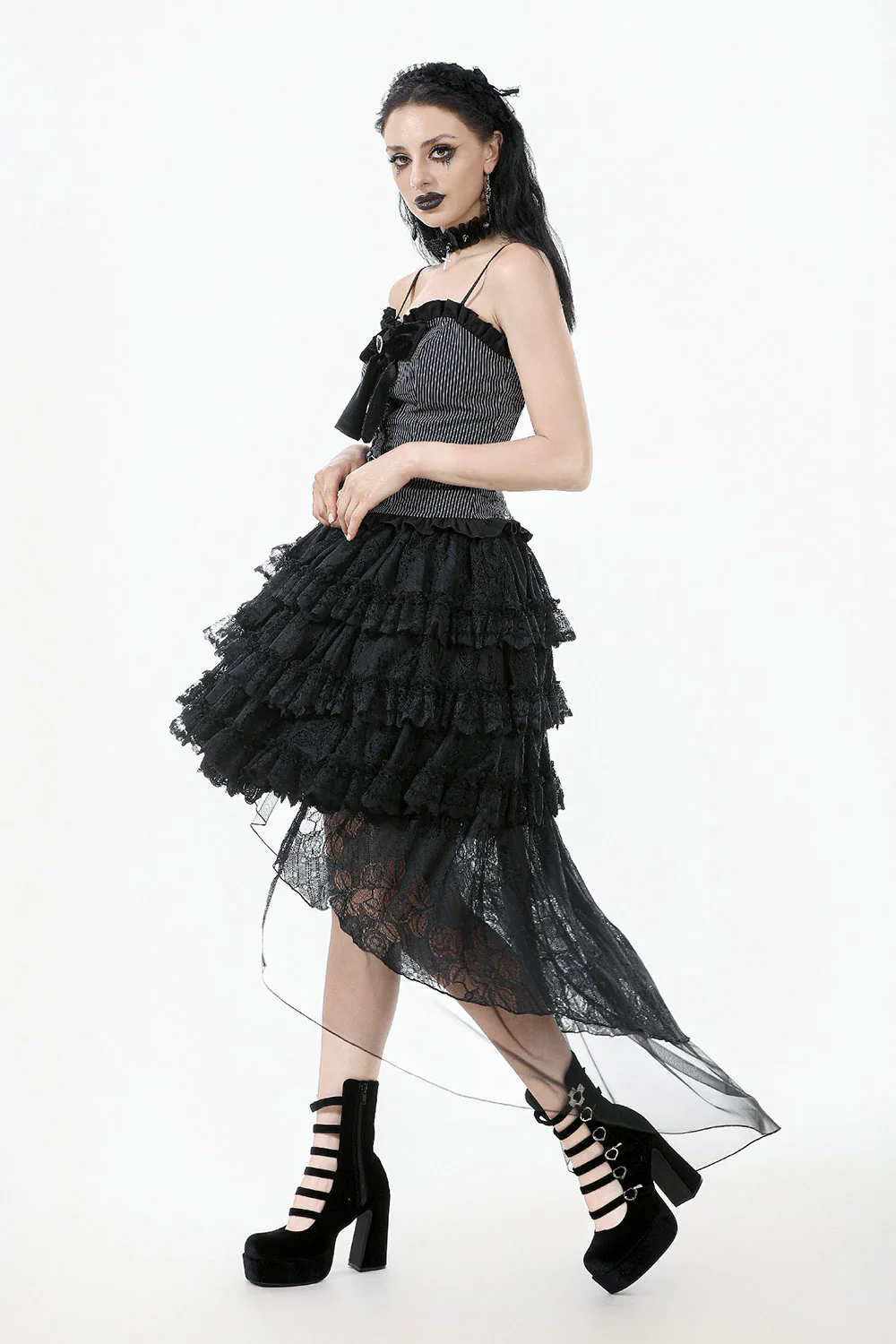 Goth Cake Layered Ruffle Skirt with Mesh Train - Image 4