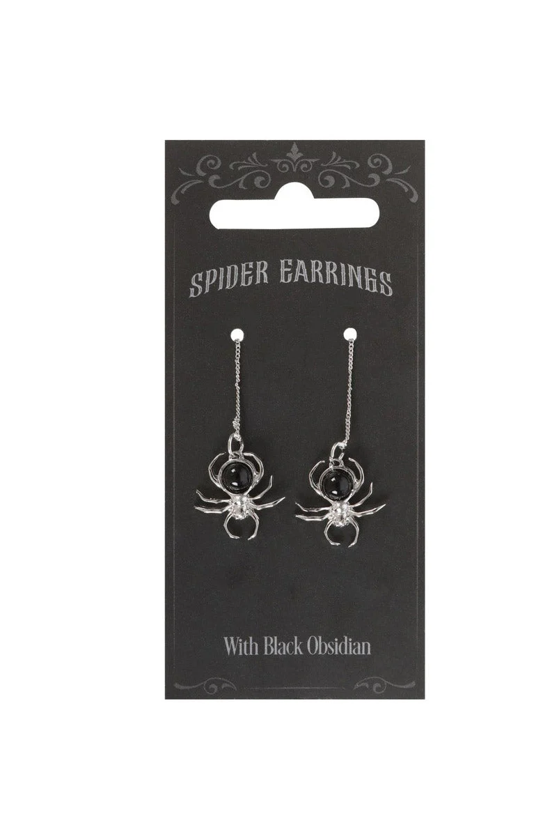 Gothic Black Obsidian Spider Threader Earrings - Image 4