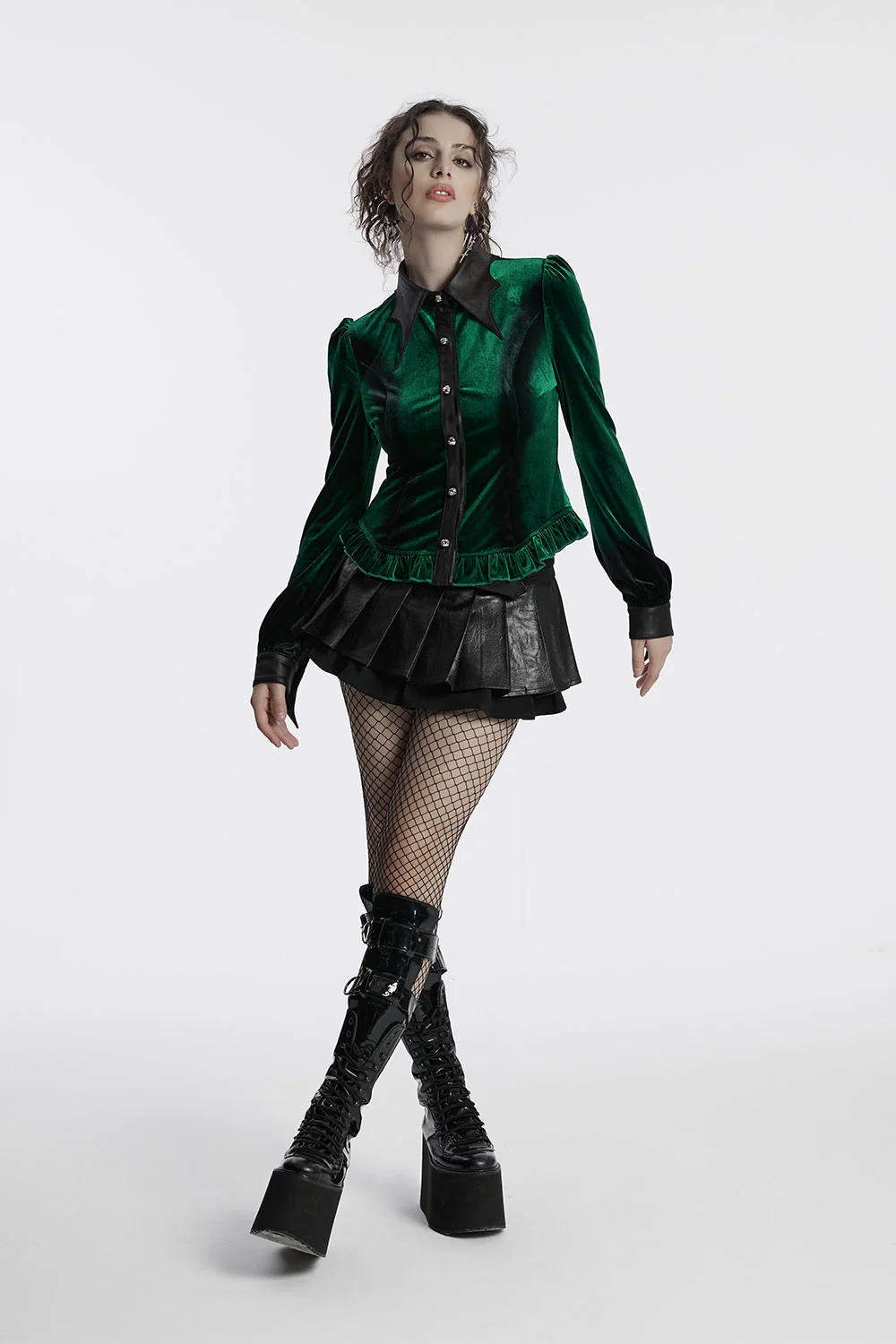 Green Witch Velvet Batwing Collar Buttoned Top [Green] - Image 2