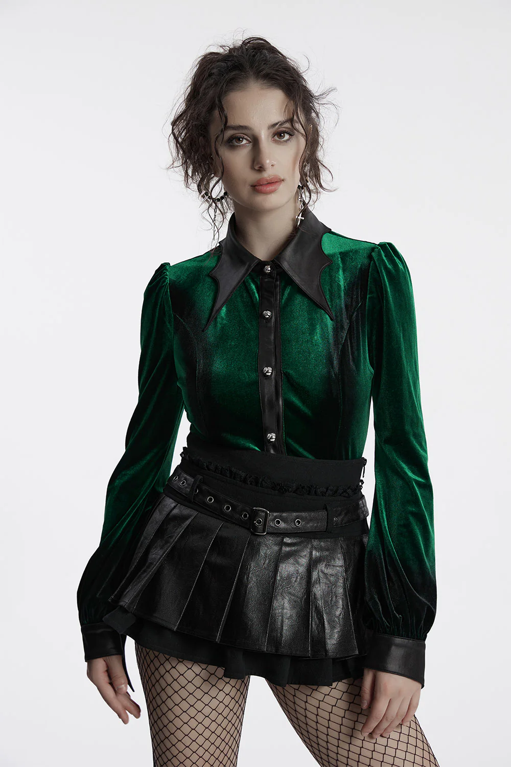 Green Witch Velvet Batwing Collar Buttoned Top [Green] - Image 3