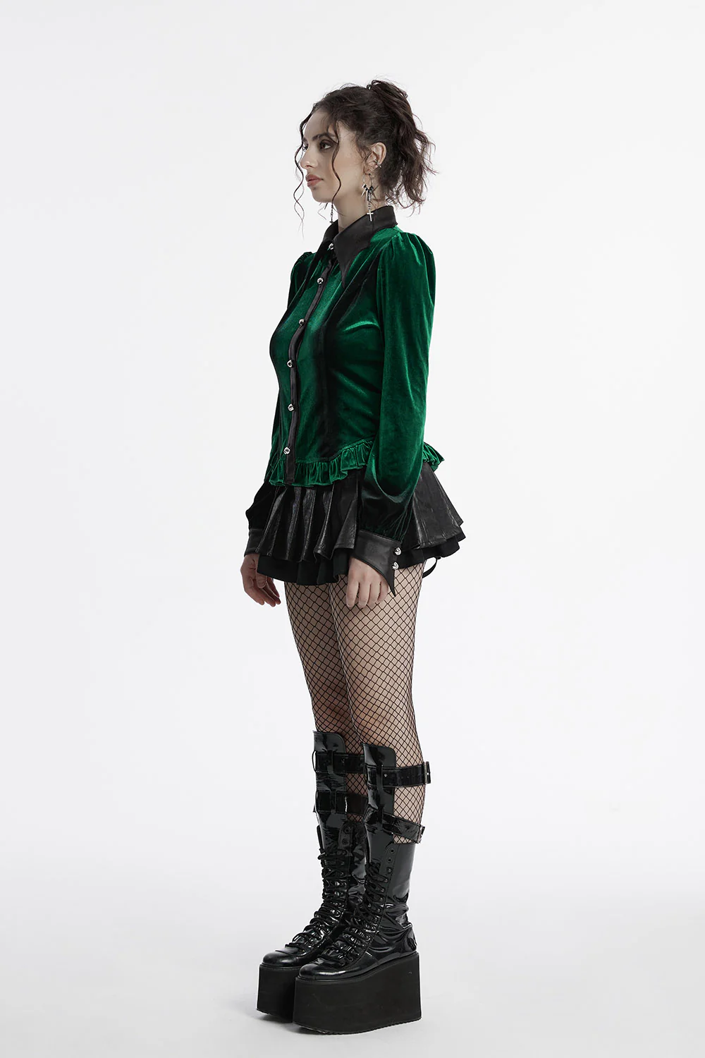 Green Witch Velvet Batwing Collar Buttoned Top [Green] - Image 6