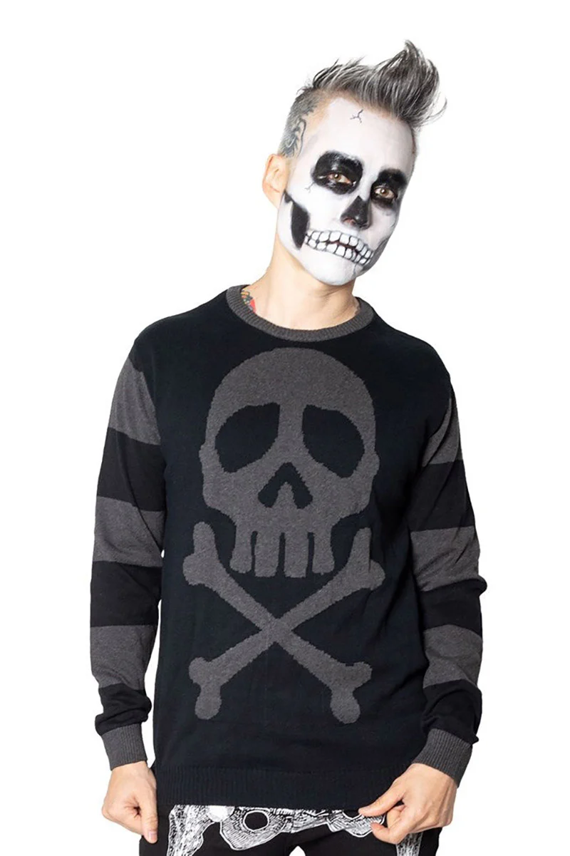 Harlock Skull Gray Striped Sweater - Image 2