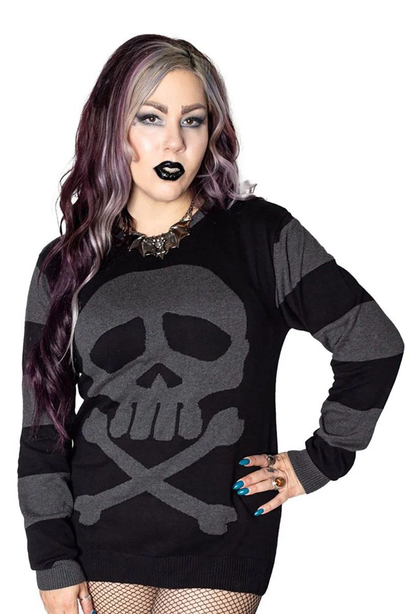 Harlock Skull Gray Striped Sweater - Image 3
