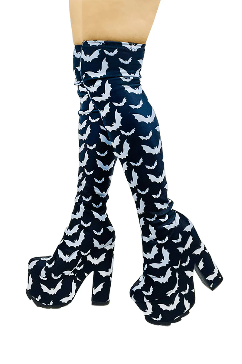 Labyrinth Bat Thigh High Boots [BLACK/WHITE] - Image 5