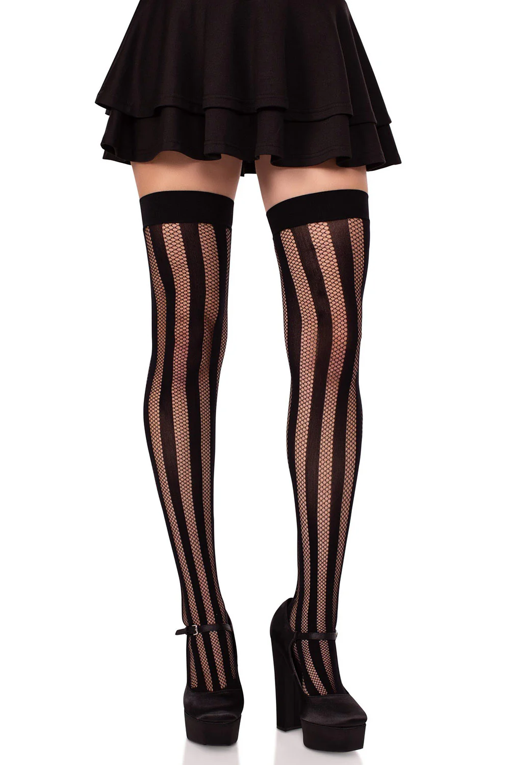 Net and Opaque Striped Thigh Highs