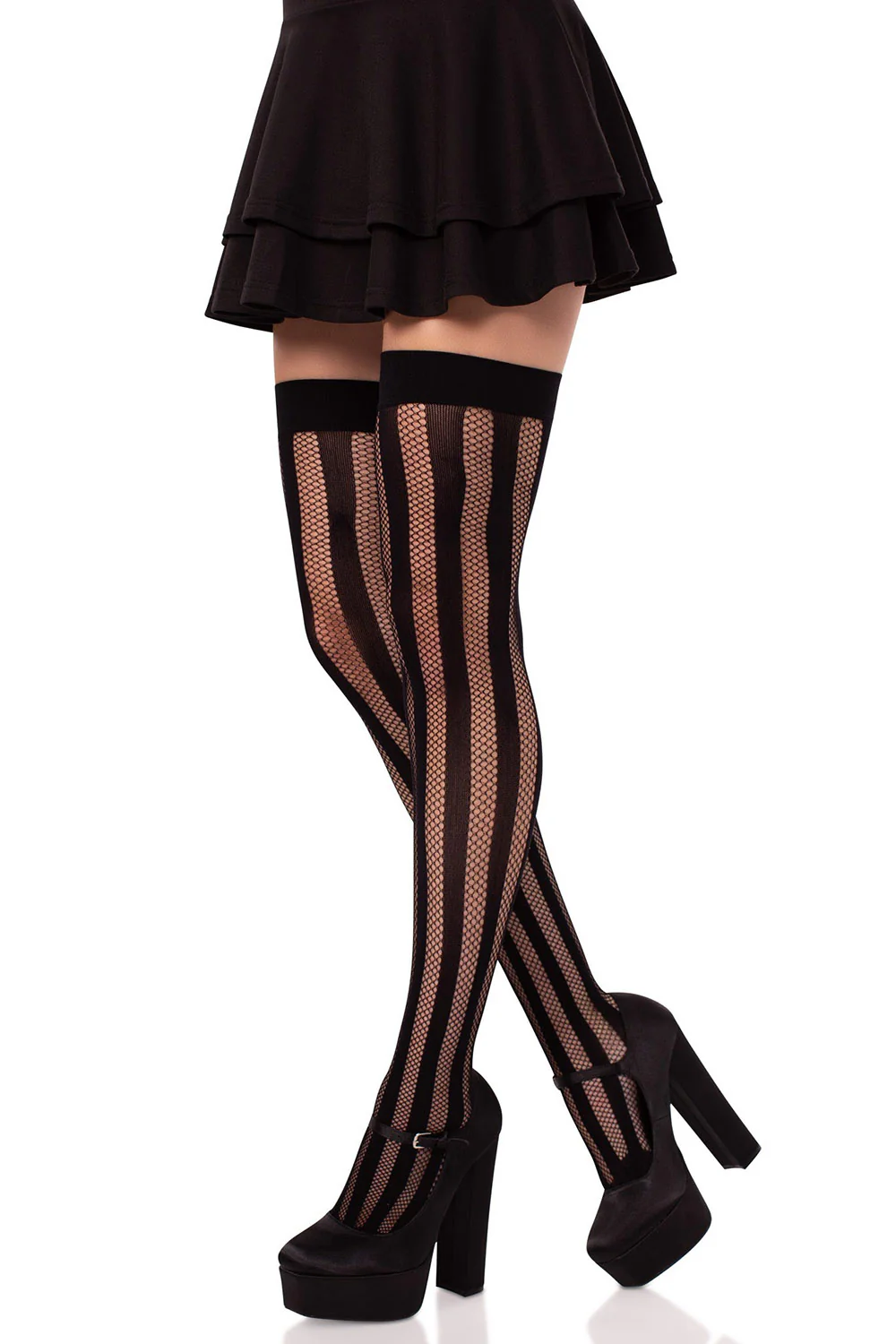 Net and Opaque Striped Thigh Highs - Image 2