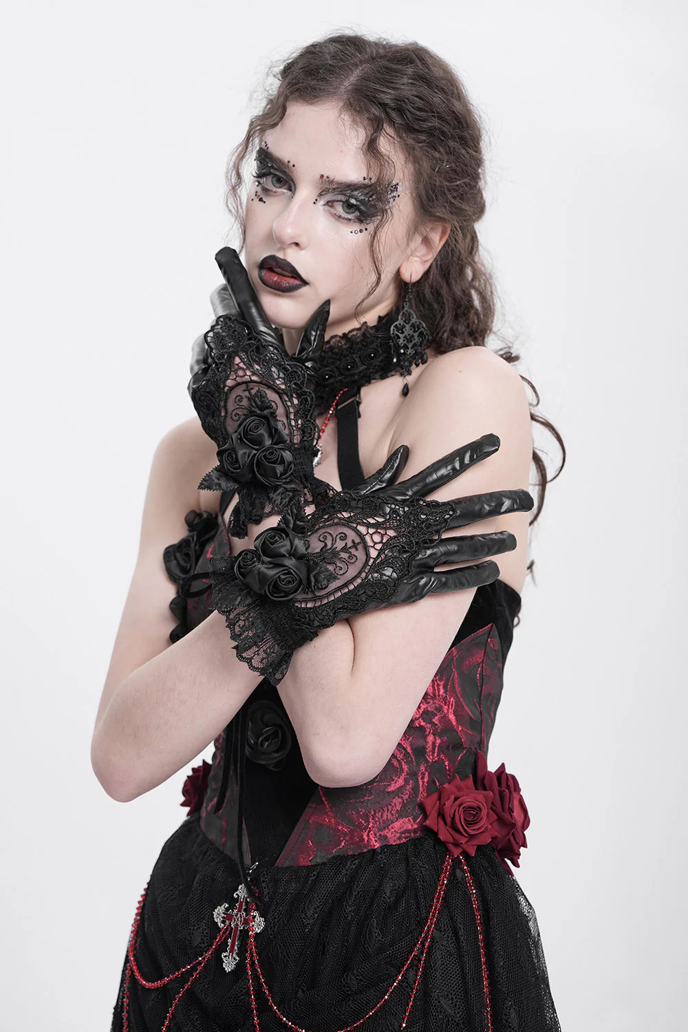 Night Veil Vegan Leather Lace Gloves - Image 2