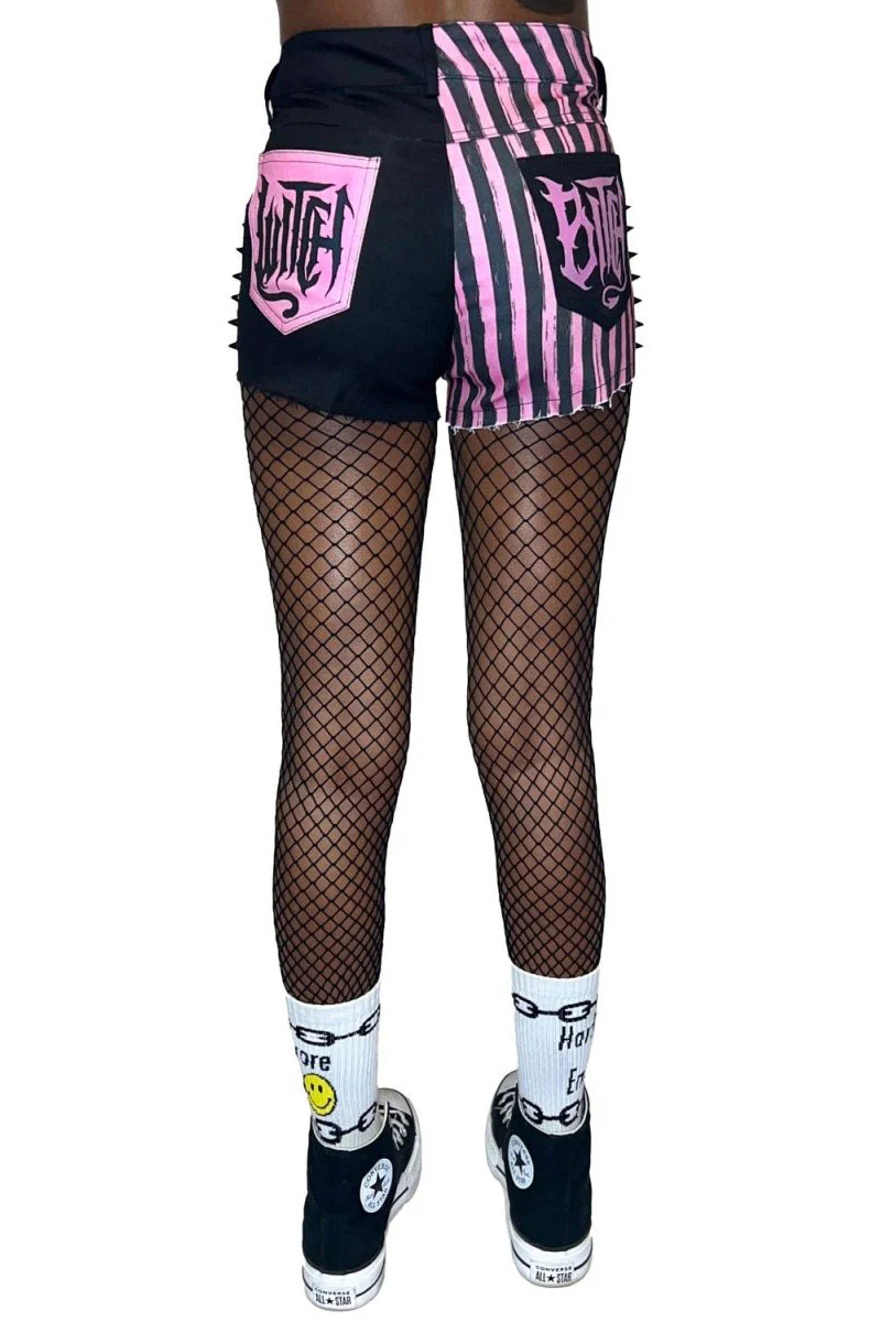 Pink Striped Witch Bitch Studded Stretch Denim Shorts - Image 5