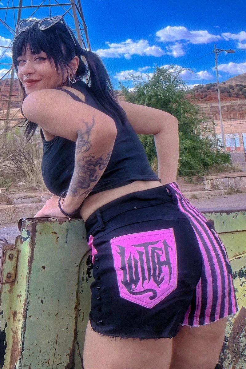 Pink Striped Witch Bitch Studded Stretch Denim Shorts - Image 9