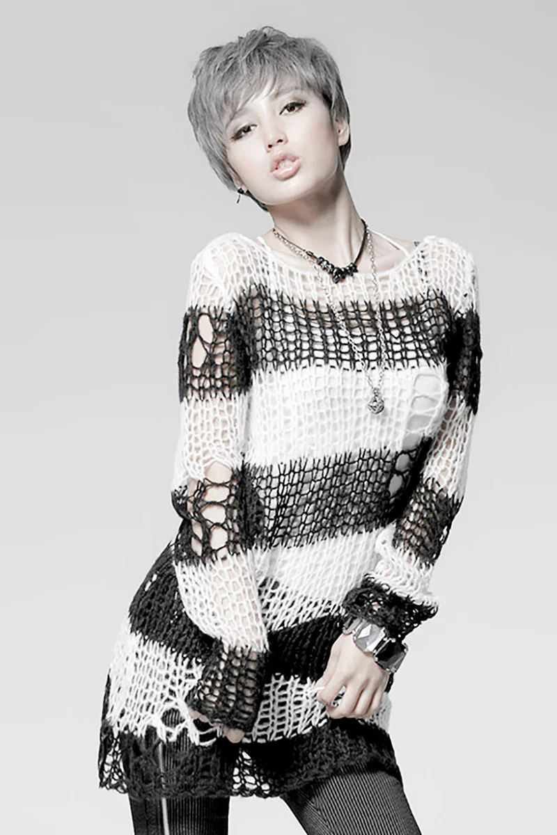 Punk Rave Damage Striped Sweater [Black/White] - Image 5