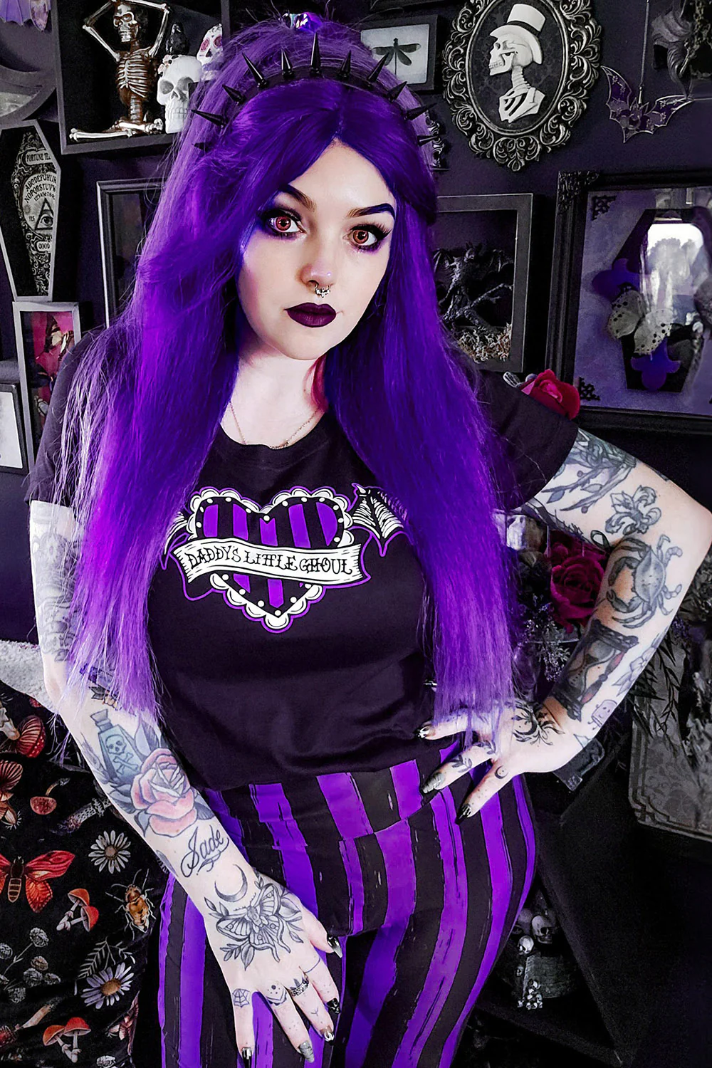 Purple and Black Striped High Waisted Leggings - Image 4