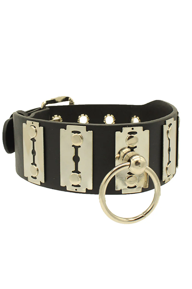Razor Blade Bondage Black Leather Collar - Image 2