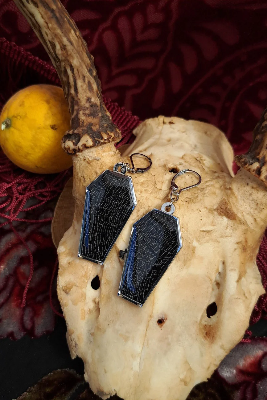 Real Spiderweb Coffin Earrings [Silver] - Image 3