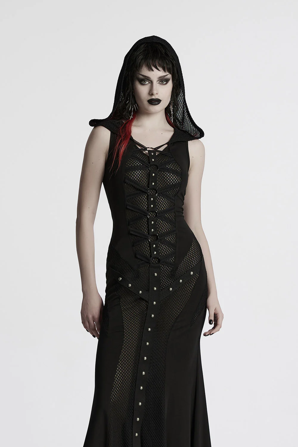 Ruinous Lace-Up Mesh Hooded Maxi Dress - Image 3