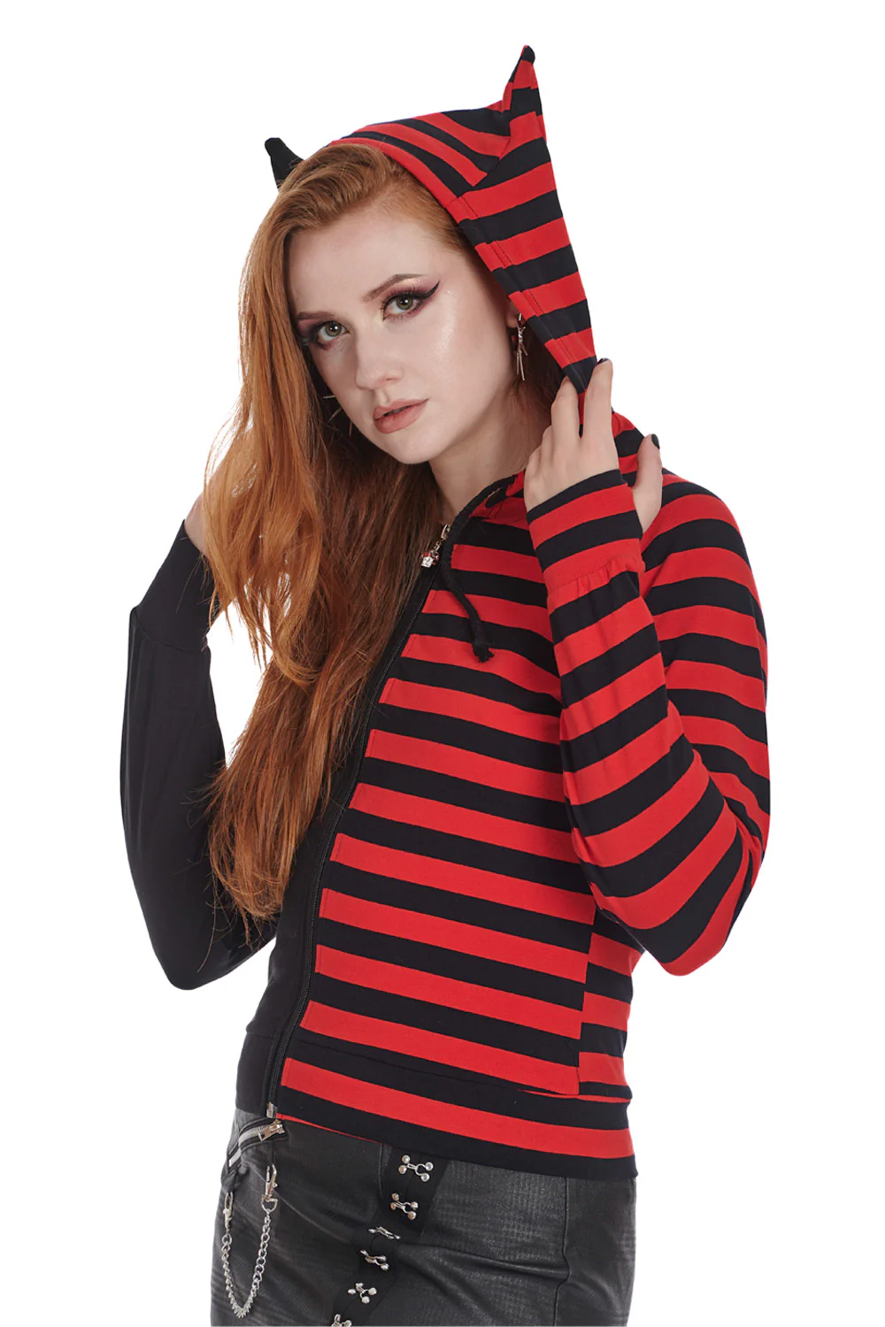 Shiori Half and Half Zippered Hoodie [BLACK/RED] - Image 2