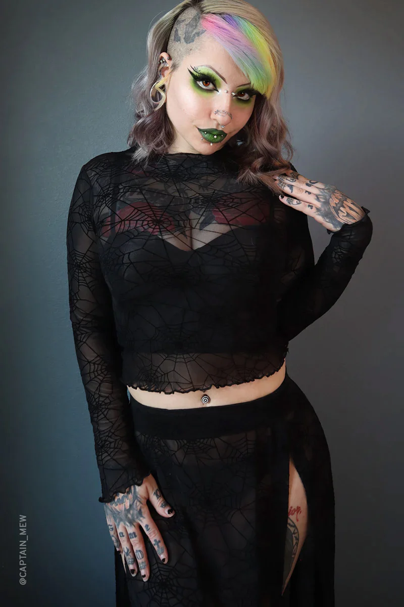 Spider Web Mesh Long Sleeve Crop Top - Image 2
