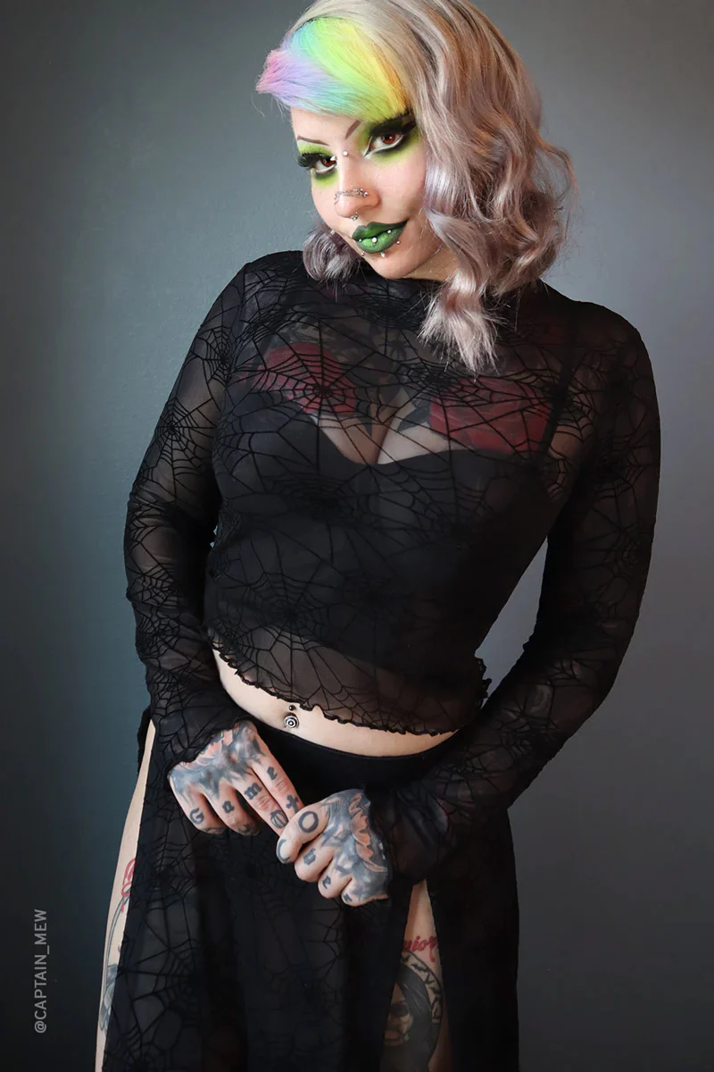 Spider Web Mesh Long Sleeve Crop Top - Image 3