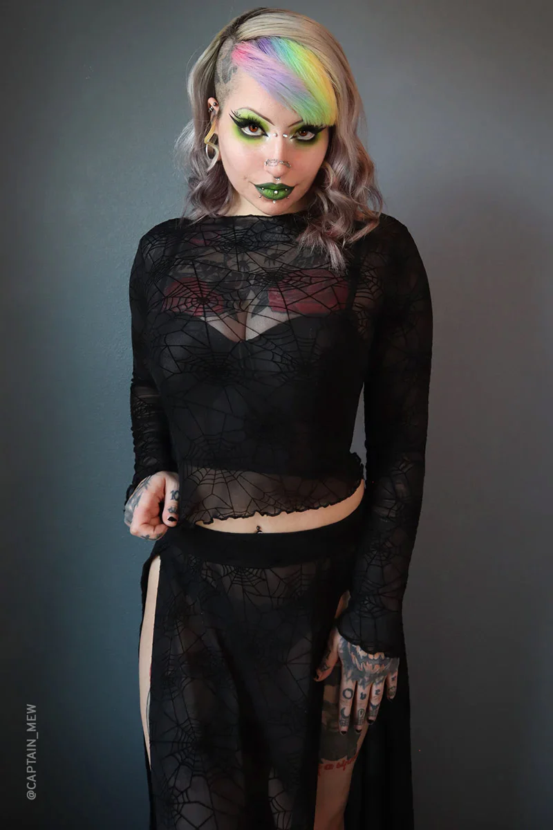 Spider Web Mesh Long Sleeve Crop Top - Image 4