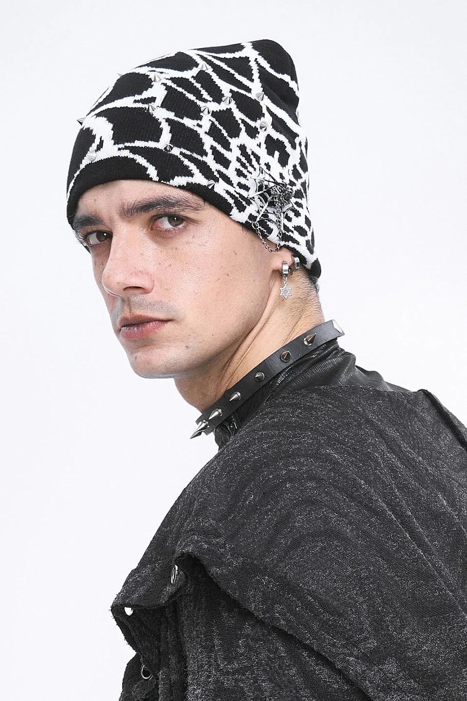 Spiked Spiderweb Beanie [BLACK/WHITE] - Image 2