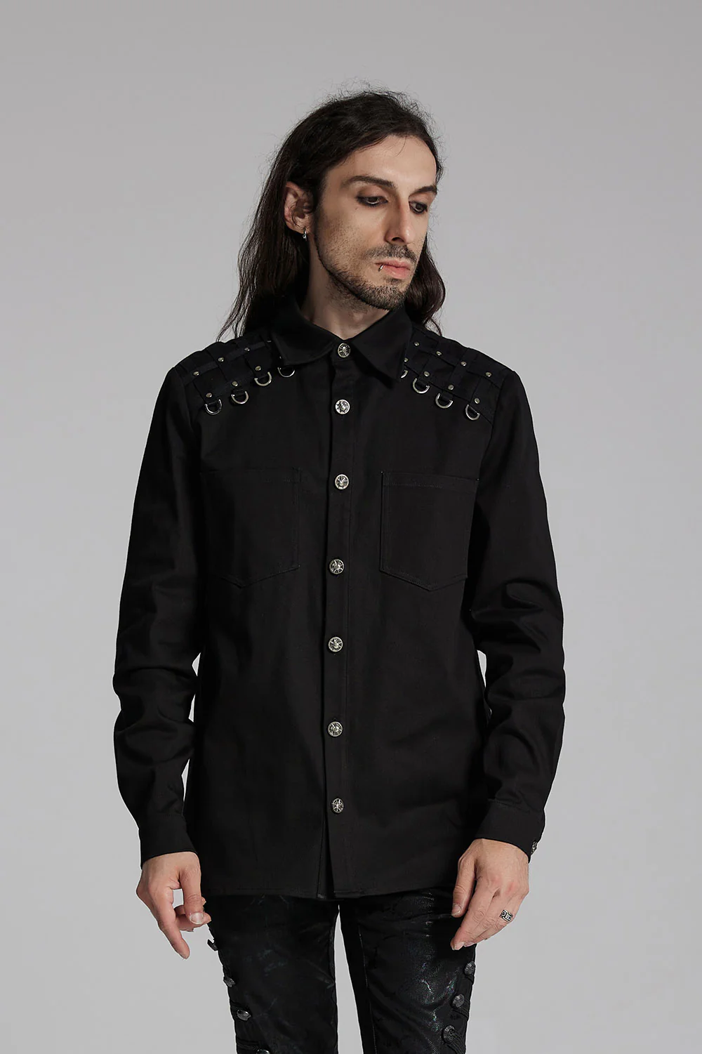 Studded Long Sleeve Skull Button Up Shirt - Image 4