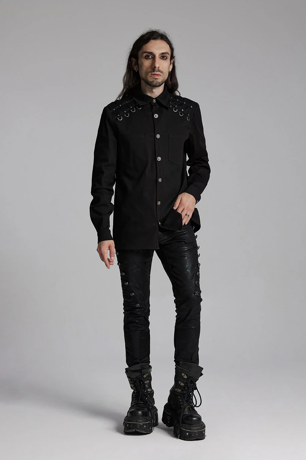 Studded Long Sleeve Skull Button Up Shirt - Image 5