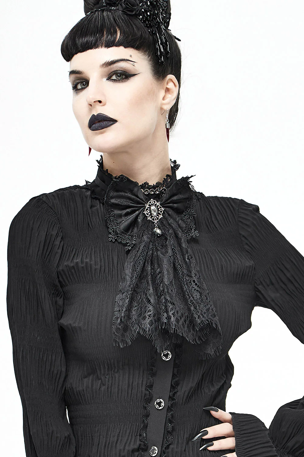Tatterveil Bow Necktie with Gemstone Brooch - Image 3