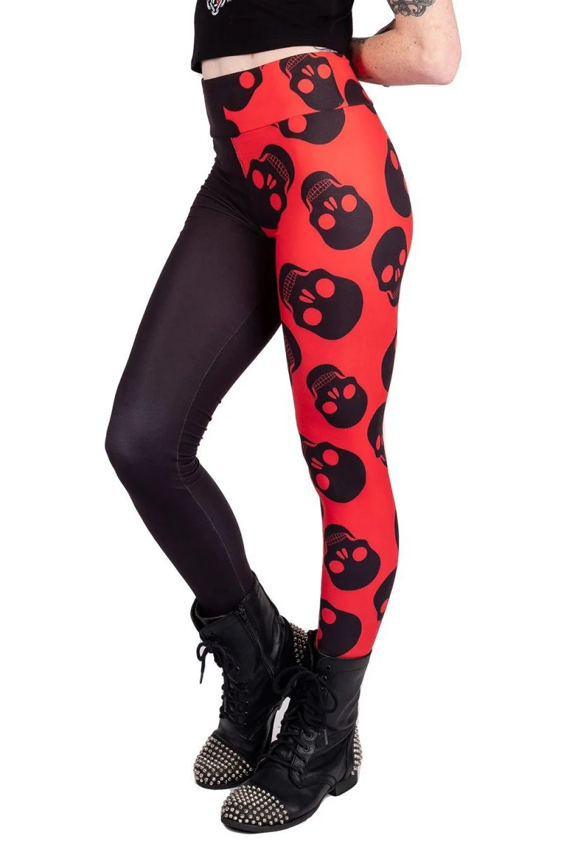 Two Tones Red Skulls High Waist Leggings - Image 2