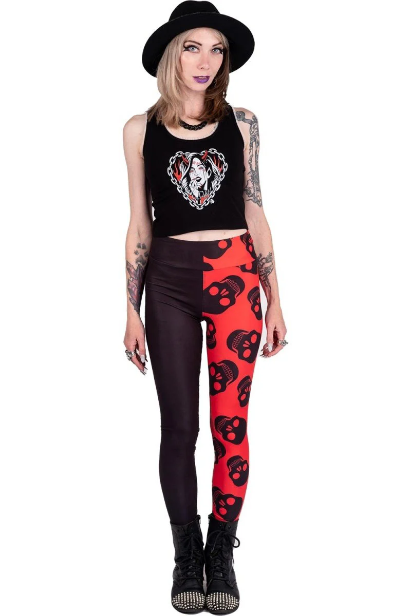 Two Tones Red Skulls High Waist Leggings - Image 4
